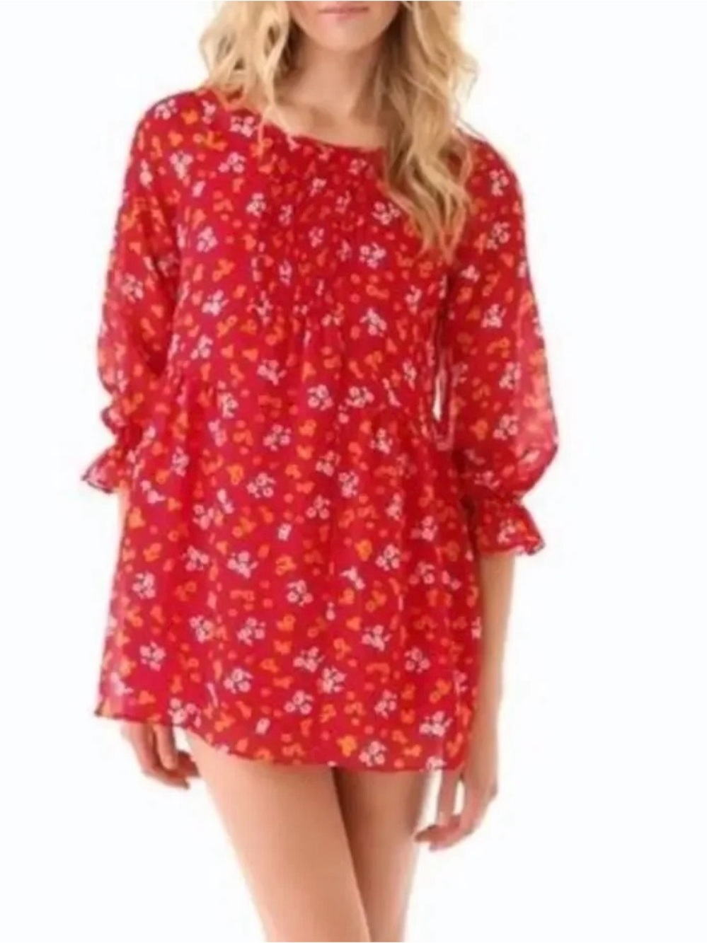 Free People Red Floral Mini Dress with Ruffle Sleeves